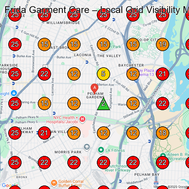Frida Garment Care GeoGrid visibility map for Dry Cleaner in Bronx